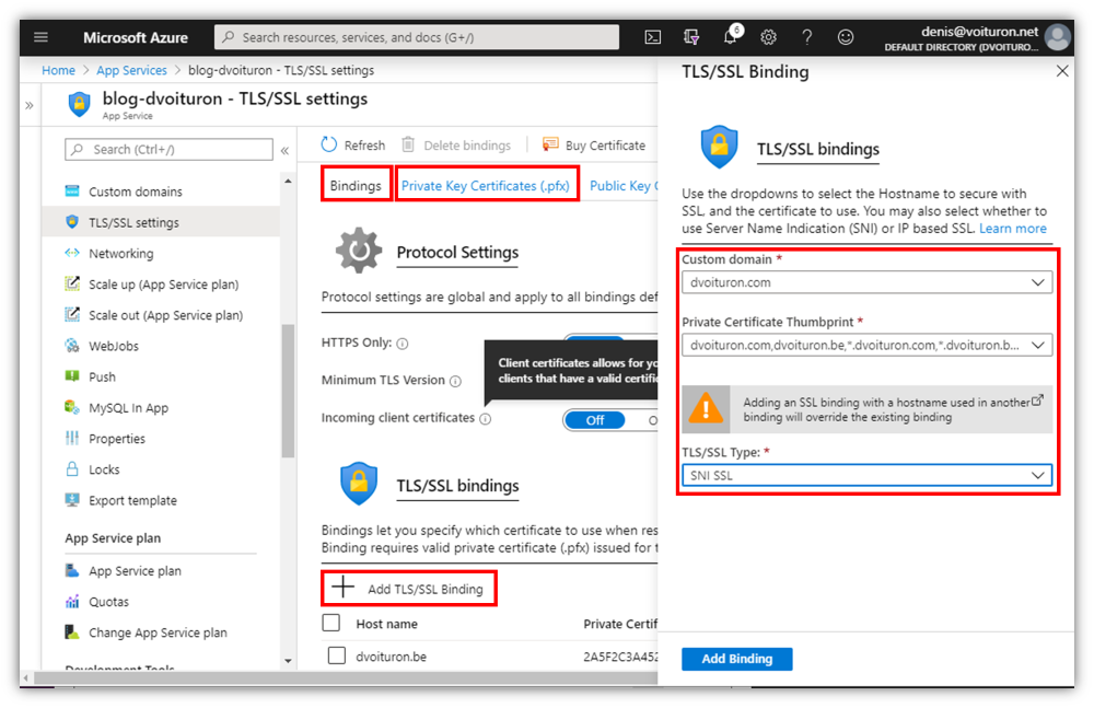 Azure binding SSL